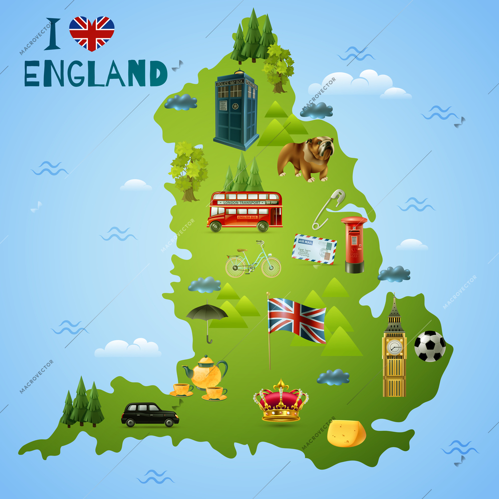 Travel map for england with british landmarks and symbols including transport, food on blue background vector illustration