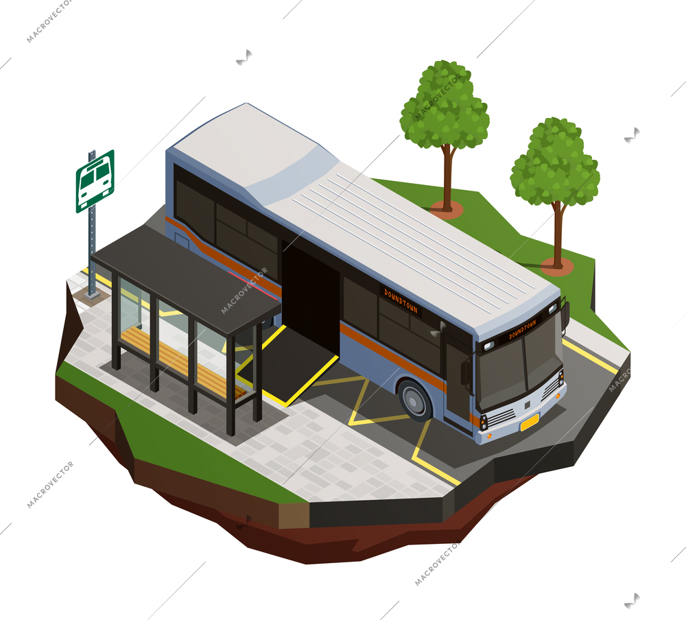 Public city transport isometric composition with view of bus stop and municipal bus with wheelchair ramp vector illustration