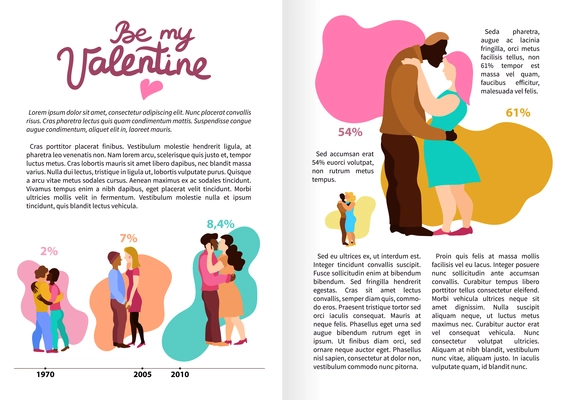 Love hugs infographics book pages with embraces of persons, information about interracial couples vector illustration