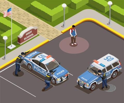 High school isometric people composition of outdoor police cordon with cars armed policemen and killer schoolboy vector illustration