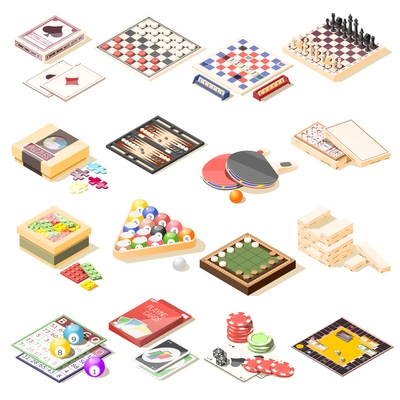 Board games isometric icons set of checkers chess playing cards roulette tennis bingo billiard puzzles vector illustration