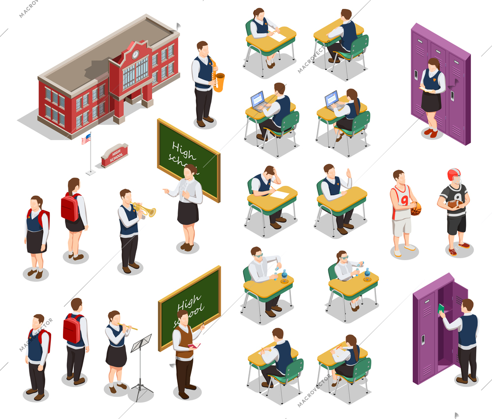 High school isometric people icons collection with human characters of teachers and students with school building vector illustration