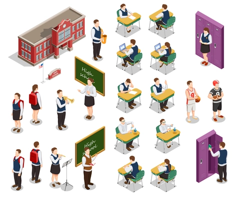 High school isometric people icons collection with human characters of teachers and students with school building vector illustration