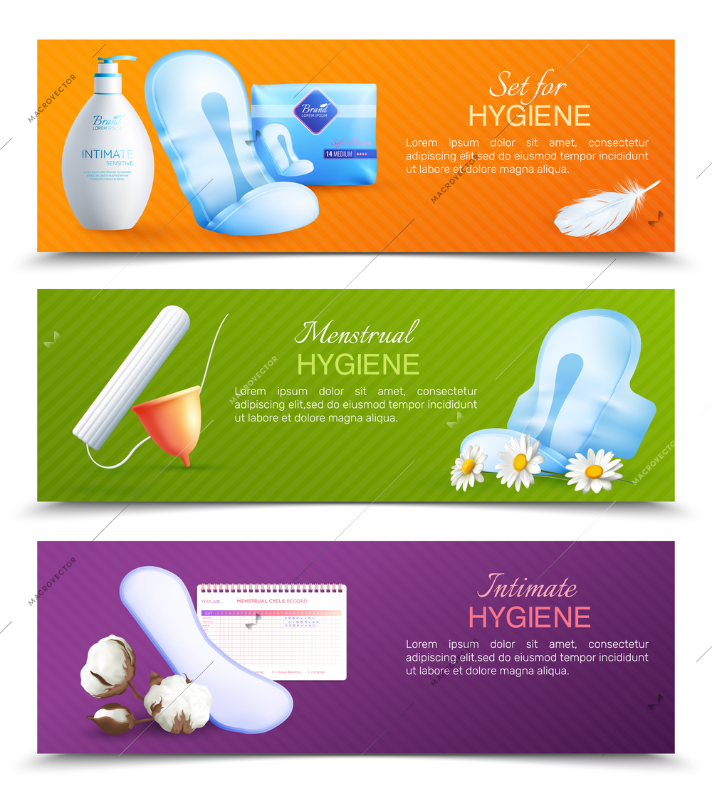 Feminine hygiene horizontal realistic banners set with intimate hygiene symbols isolated vector illustration