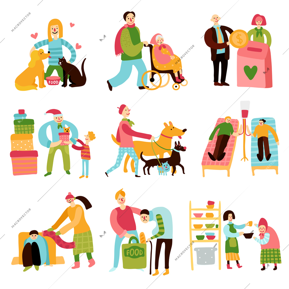 Charity types flat set with volunteers helping and supporting needy people and animals isolated on white background vector illustration