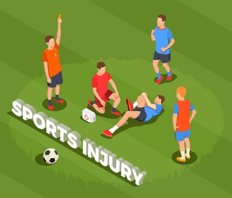 Football soccer isometric people composition with text and images of suffering player after foul with doctor vector illustration