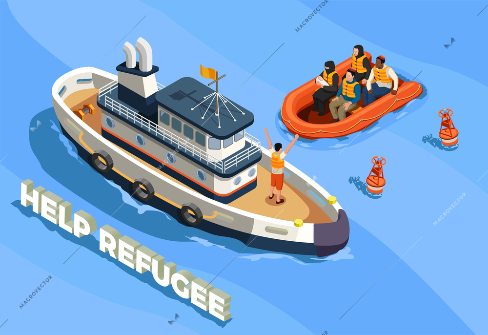 Stateless refugees asylum icons isometric composition with text sea landscape and ship with refugee immigrant people vector illustration