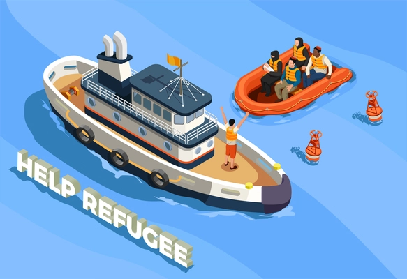 Stateless refugees asylum icons isometric composition with text sea landscape and ship with refugee immigrant people vector illustration