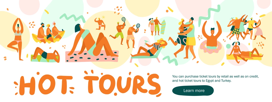 Flat design hot tours banner with people sunbathing playing and dancing on vacation vector illustration