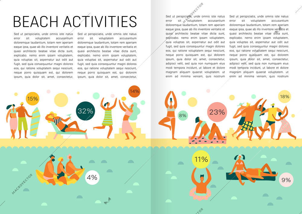 Book page flat infographics with text field and people doing various beach activities during vacation vector illustration