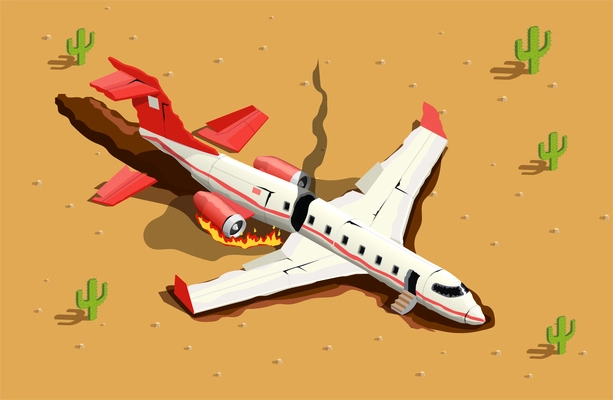 Airplanes helicopters isometric composition with desert landscape and image of fallen passenger aircraft with fire smoke vector illustration