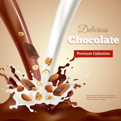 Delicious sweet product, milk and dark chocolate streams and splashes with nuts, beige background, realistic vector illustration