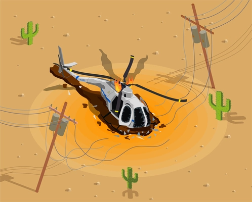 Airplanes helicopters isometric composition with desert scenery and burning helicopter near broken electric power transmission line vector illustration