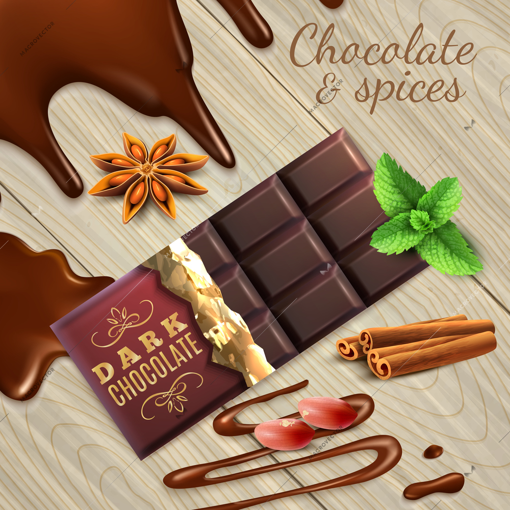 Dark chocolate, peanut and spices cinnamon sticks, anise, mint on light wooden background realistic vector illustration