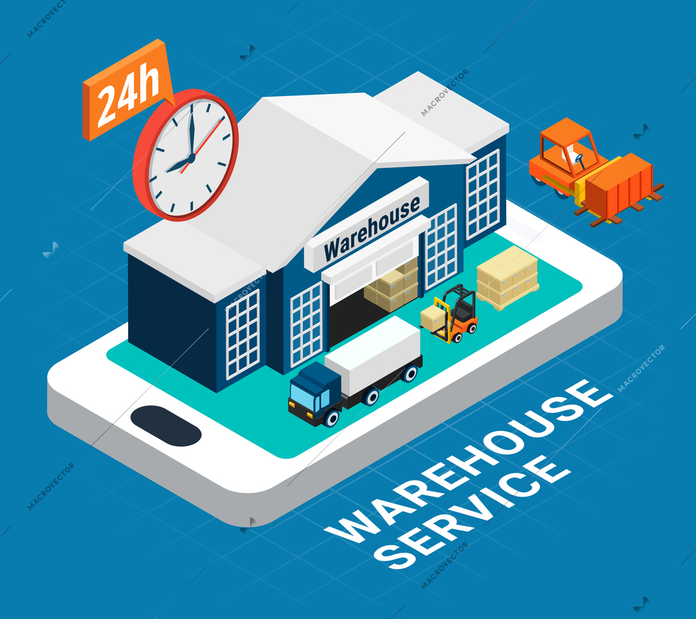 Logistics isometric concept with warehouse building fork truck and cargo on blue background 3d vector illustration