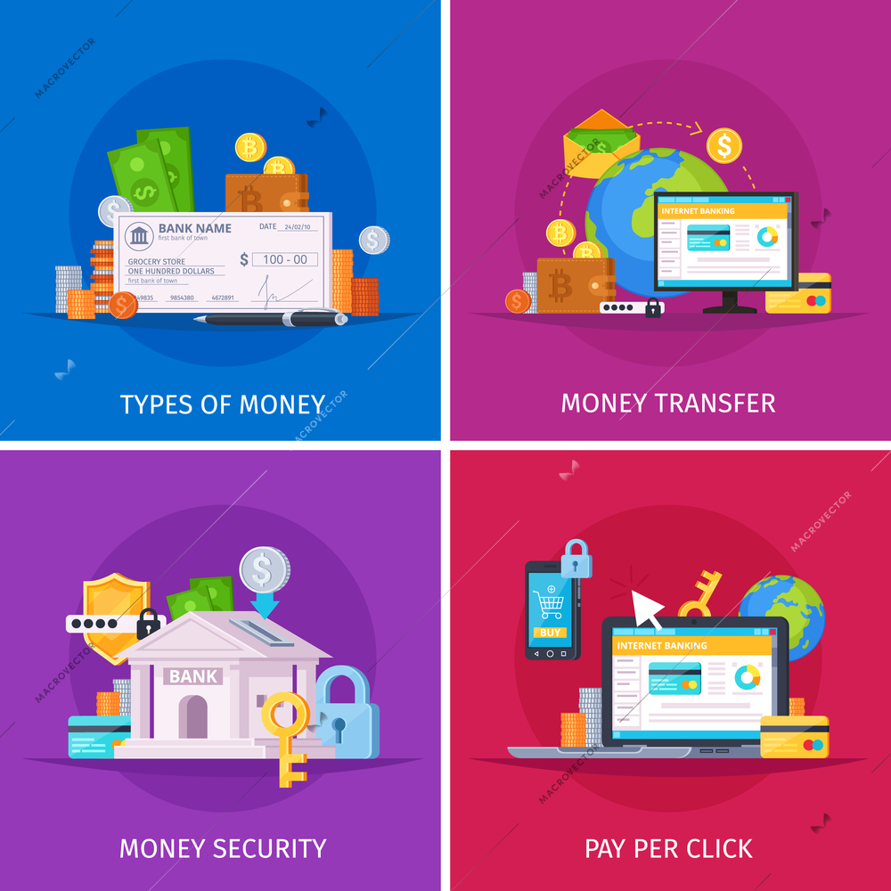 Financial technology flat orthogonal colorful icons square concept with online payments money transfer security isolated vector illustration