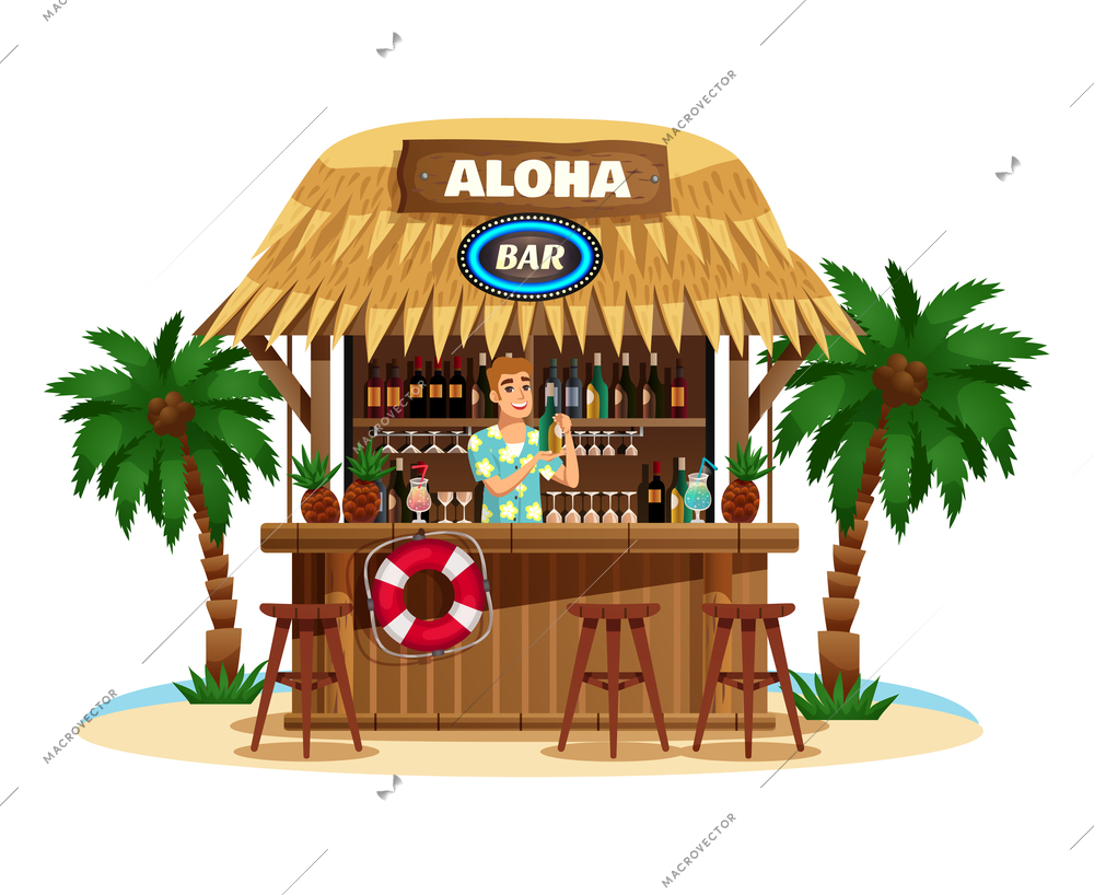 Tropical bungalow bar on ocean coast with smiling barman offering drinks vector illustration