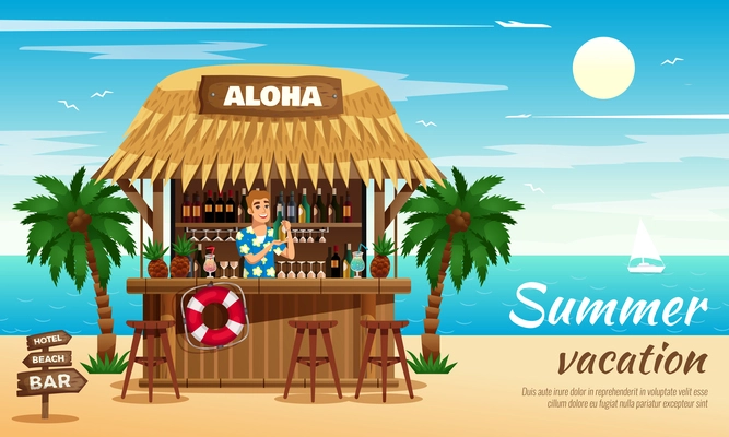 Summer vacation horizontal vector illustration with bartender preparing cocktails in tropical bungalow bar on ocean coast