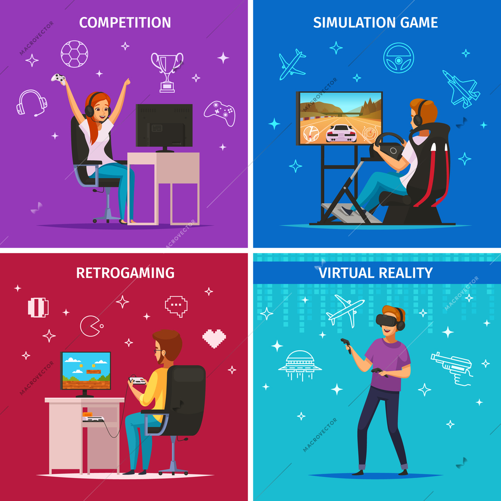 Cybersport playing characters 4 cartoon icons square concept with competitive computer simulation sport games isolated vector illustration