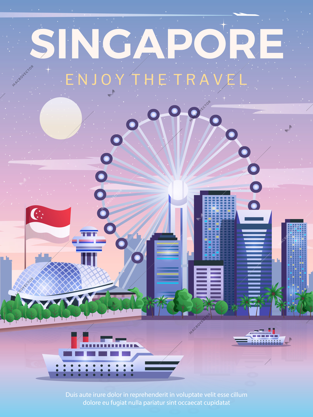 Singapore travel poster with national flag and city skylines at marina bay flat vector illustration