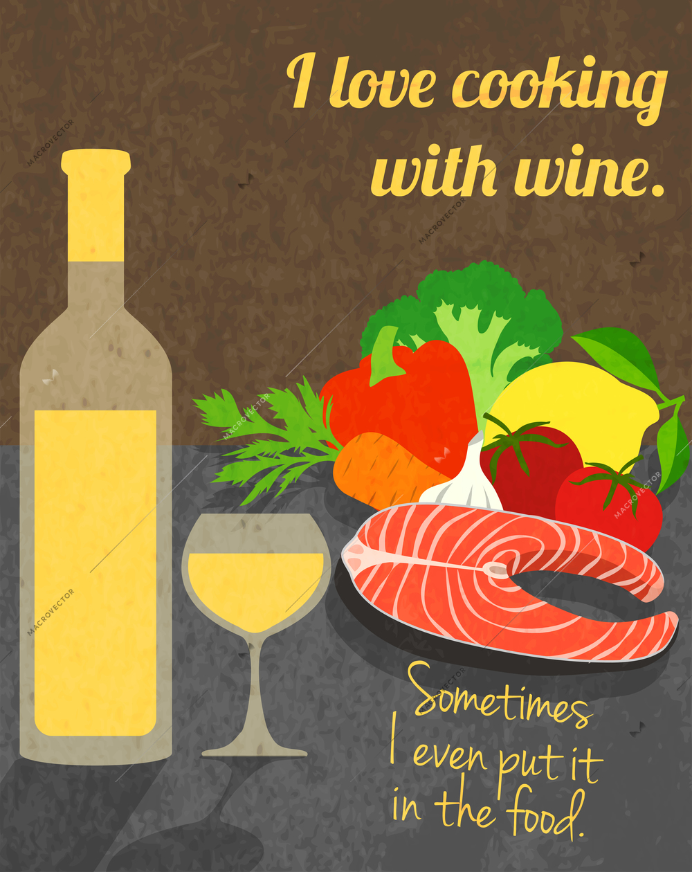 Wine love cooking paper poster with glass bottle fish and vegetables vector illustration