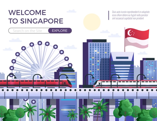 Welcome to singapore flat vector illustration representing attractions of modernized country to explore and travel