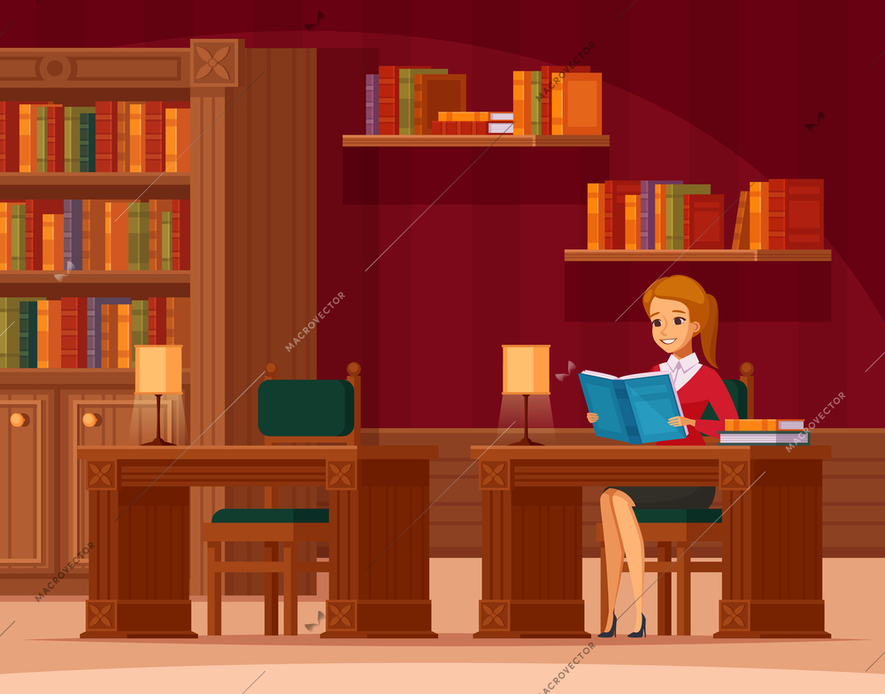 Library reading room interior flat orthogonal composition with young lady customer at table and bookshelves vector illustration