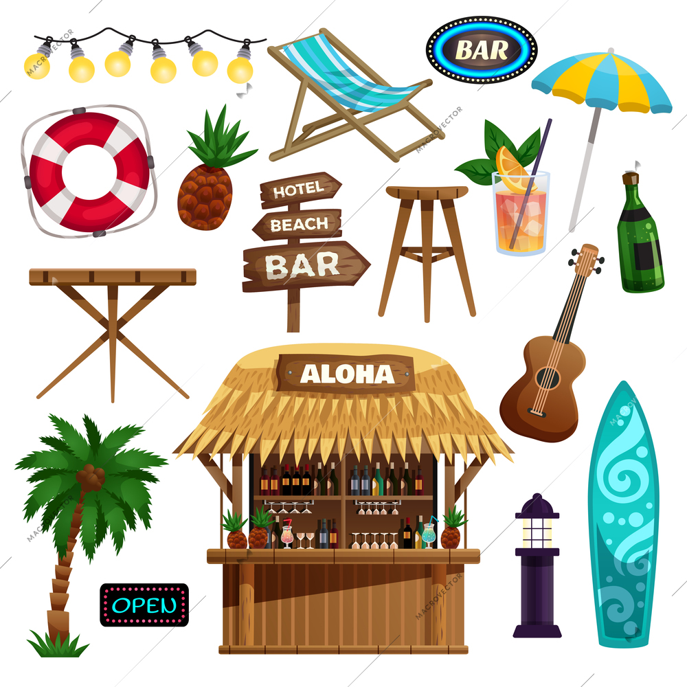 Summer vacation  icons set with bungalow bar tropical fruits and set of accessories for rest on ocean beach vector illustration