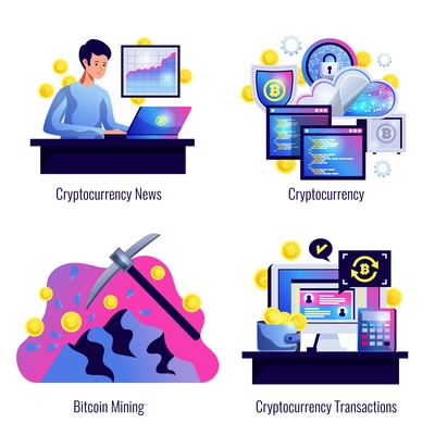 Cryptocurrency 2x2 design concept set of bitcoin mining finance market news and cryptocurrency transactions compositions flat vector illustration