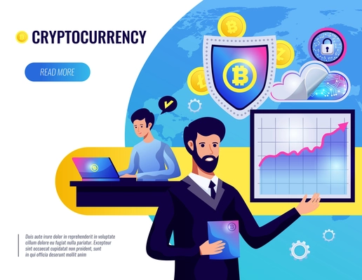 Cryptocurrency vector illustration of people involved in cryptocurrency mining and finance market analysis flat vector illustration