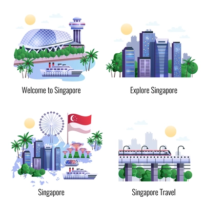 Singapore 2x2 design concept set of famous landmarks and city skyscrapers in central business district flat vector illustration