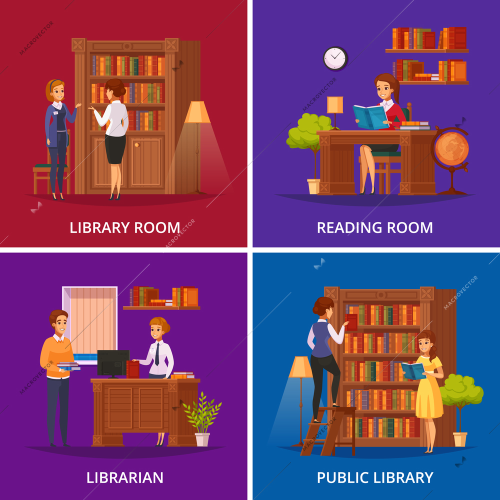 Public library 4 flat orthogonal icons square with librarian assisting visitor and reading room isolated vector illustration