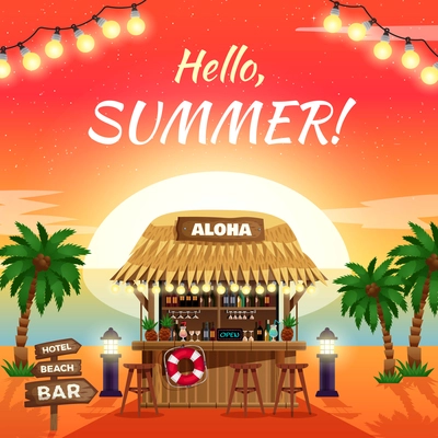 Hello summer bright sunny poster with ocean coast tropical bungalow bar on sunset background vector illustration