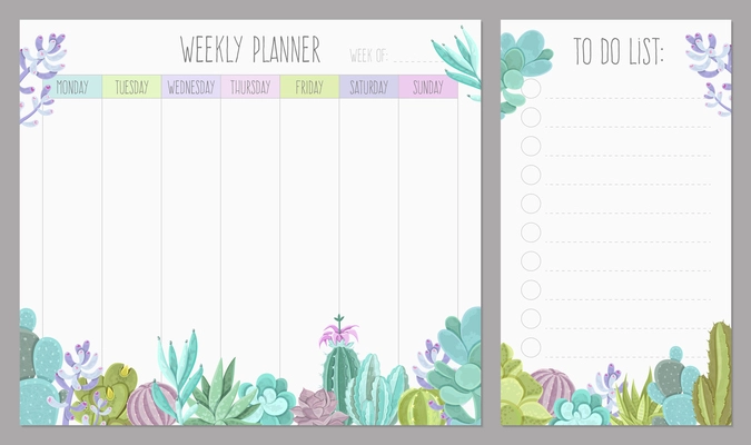 Weekly planner page realistic template design with to do list and succulent plants bottom border vector illustration