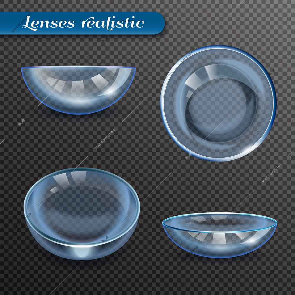 Set of realistic eye lenses in various positions with reflection isolated on transparent background vector illustration