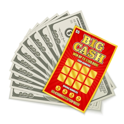 Scratch lottery card big cash game win realistic composition with hundred dollars banknotes prize money vector illustration