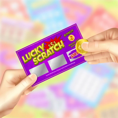 Scratch lottery ticket in hands with coin to rub revealing lucky number realistic advertisement poster vector illustration