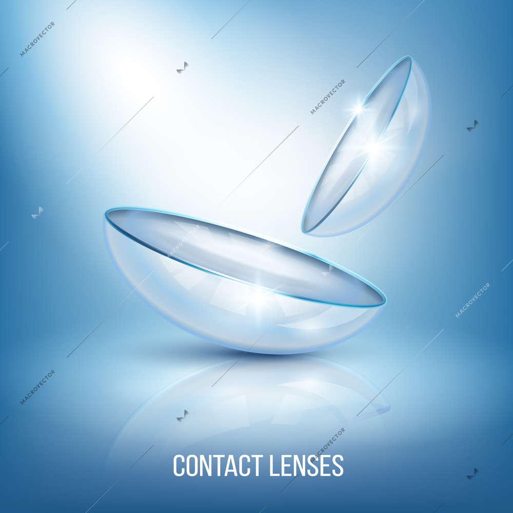 Realistic glossy eye lenses with reflection, composition on blue background with illumination vector illustration