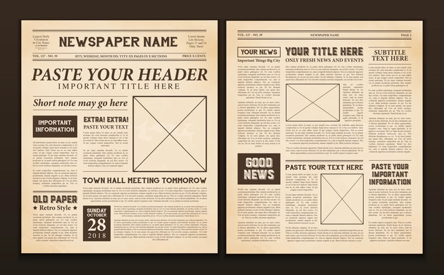 Old vintage newspaper 2 realistic pages templates for you title header edition name text isolated vector illustration