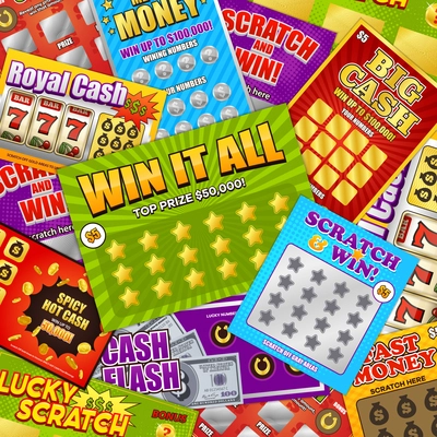 Lottery colorful background design with lucky scratch big cash win fast money games cards composition vector illustration