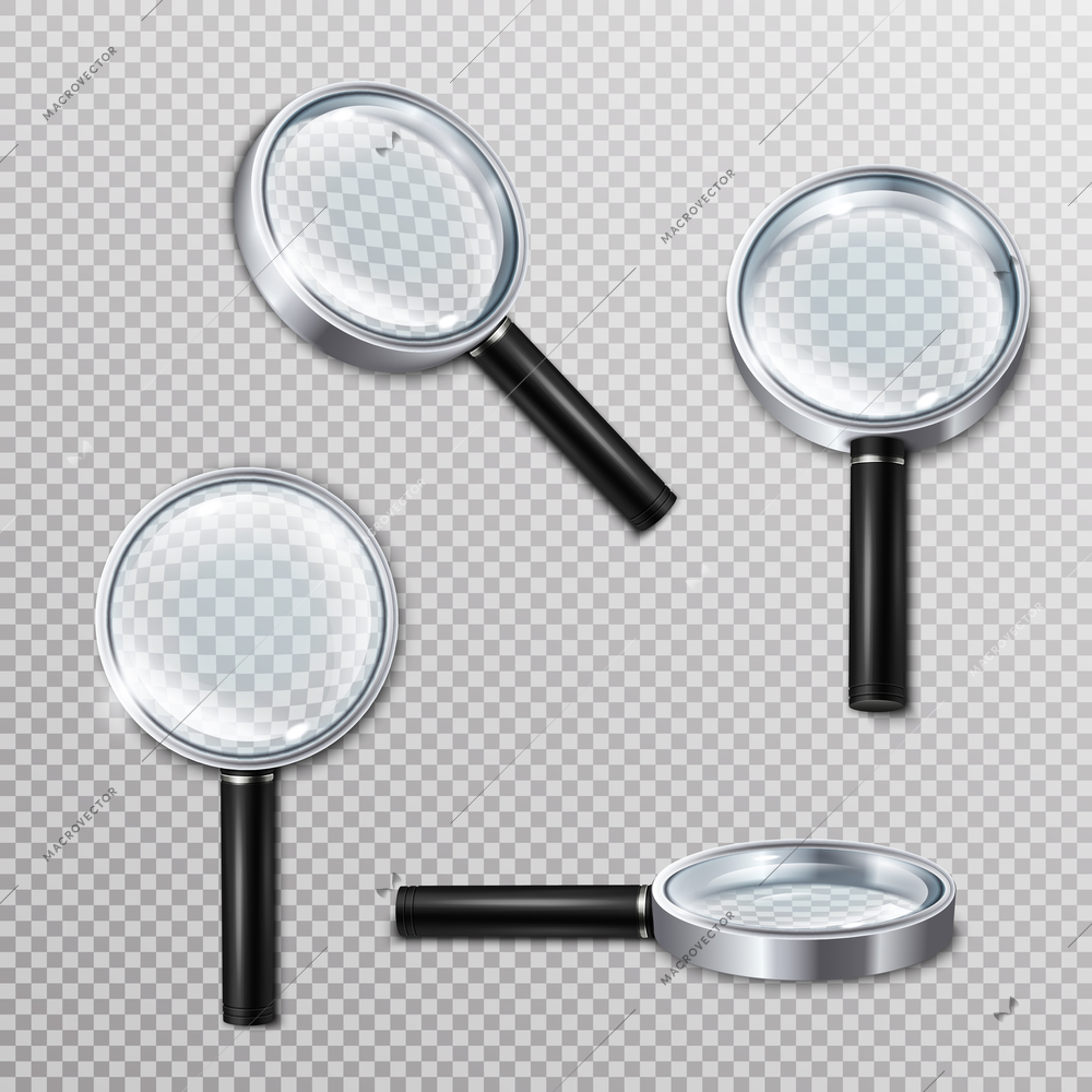 Set of realistic magnifying glasses with metal rim and black handle on transparent background isolated vector illustration