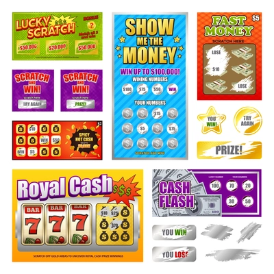 Scratch lottery games realistic cards collection with lucky winning tickets and  looser marks revealed isolated vector illustration