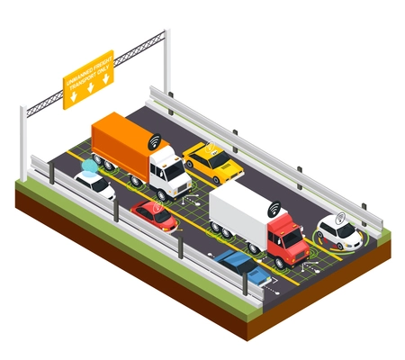 Parking for unmanned transport design concept with place for freight trucks only isometric vector illustration