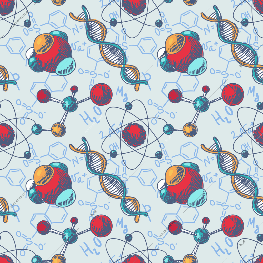 Decorative chemical spiral structure dna molecule with background formula design seamless wallpaper tileable pattern vector illustration