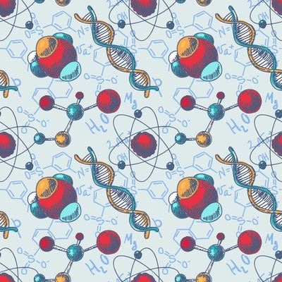 Decorative chemical spiral structure dna molecule with background formula design seamless wallpaper tileable pattern vector illustration