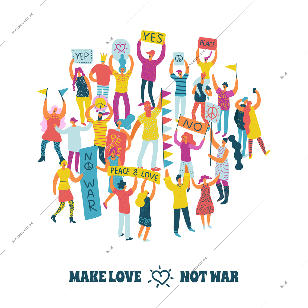 People for peace design concept with protesting crowd and make love not war text flat vector illustration