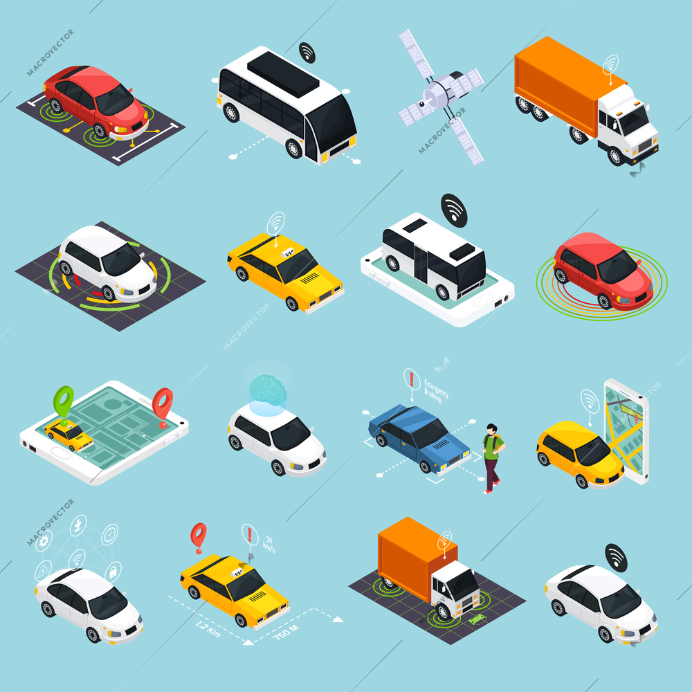 Autonomous vehicle isometric icons set of driverless robotic car bus train truck taxi controlled by satellite navigation vector illustration