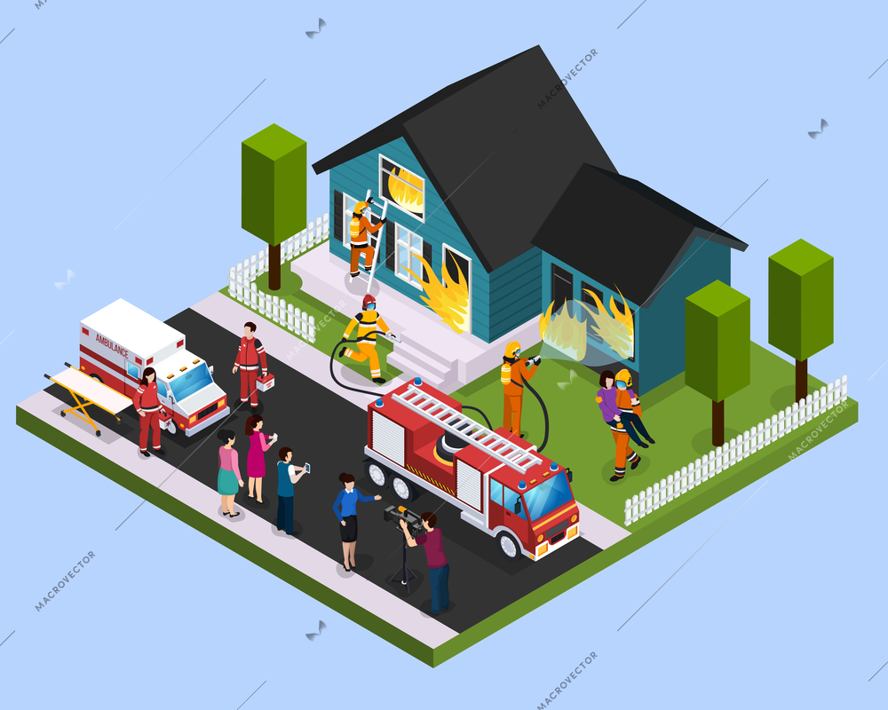 Rescue team isometric composition with  firefighters engaged in extinguishing of burning building and saving people vector illustration vector illustration