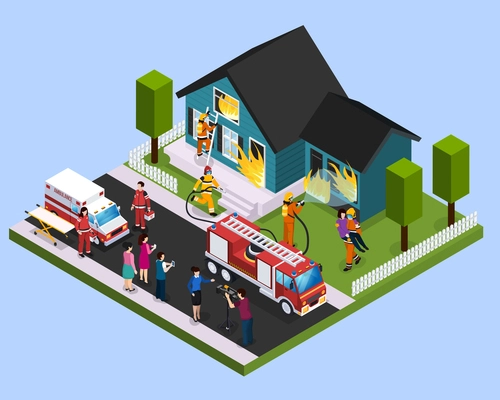 Rescue team isometric composition with  firefighters engaged in extinguishing of burning building and saving people vector illustration vector illustration