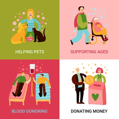 Charity types 2x2 design concept set of helping pets supporting aged blood donoring and donating money square icons flat vector illustration